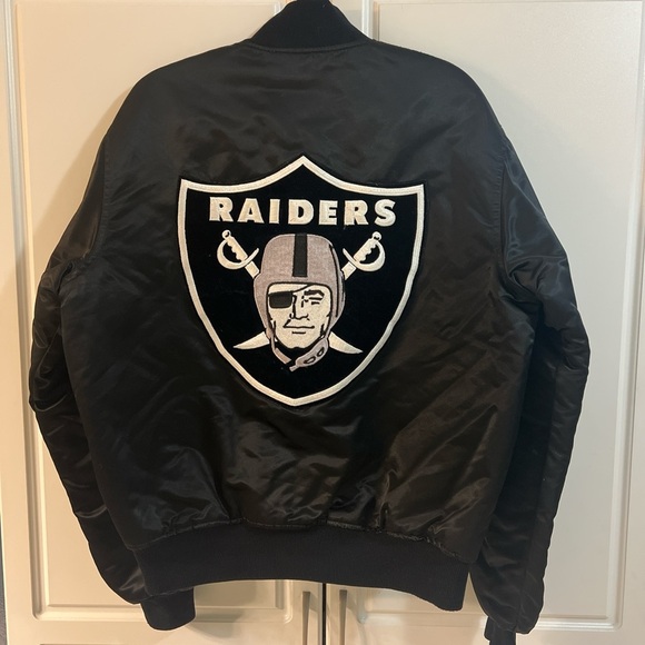 Vtg 90s Black Satin Raiders Bomber Jacket - Picture 2 of 6